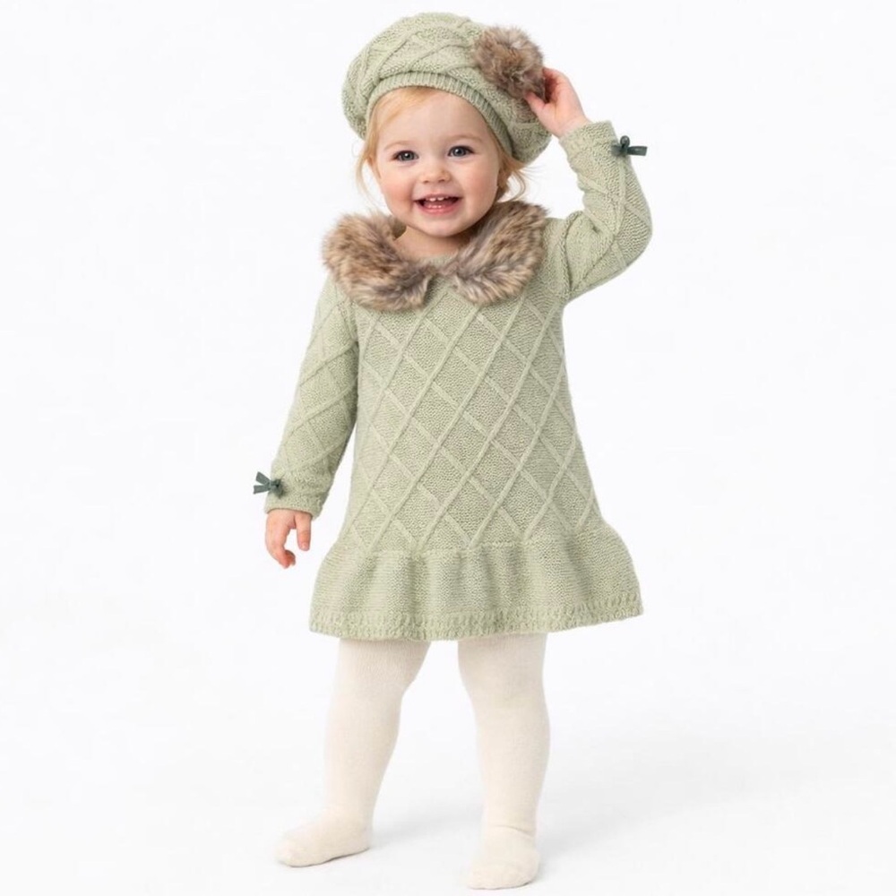 Girls Knit Diamond Sweater Dress with Faux Fur Collar and Beret - Sage